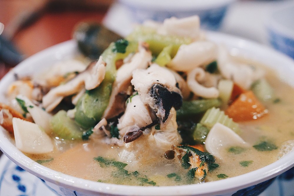Seafood soup with squid and vegetables