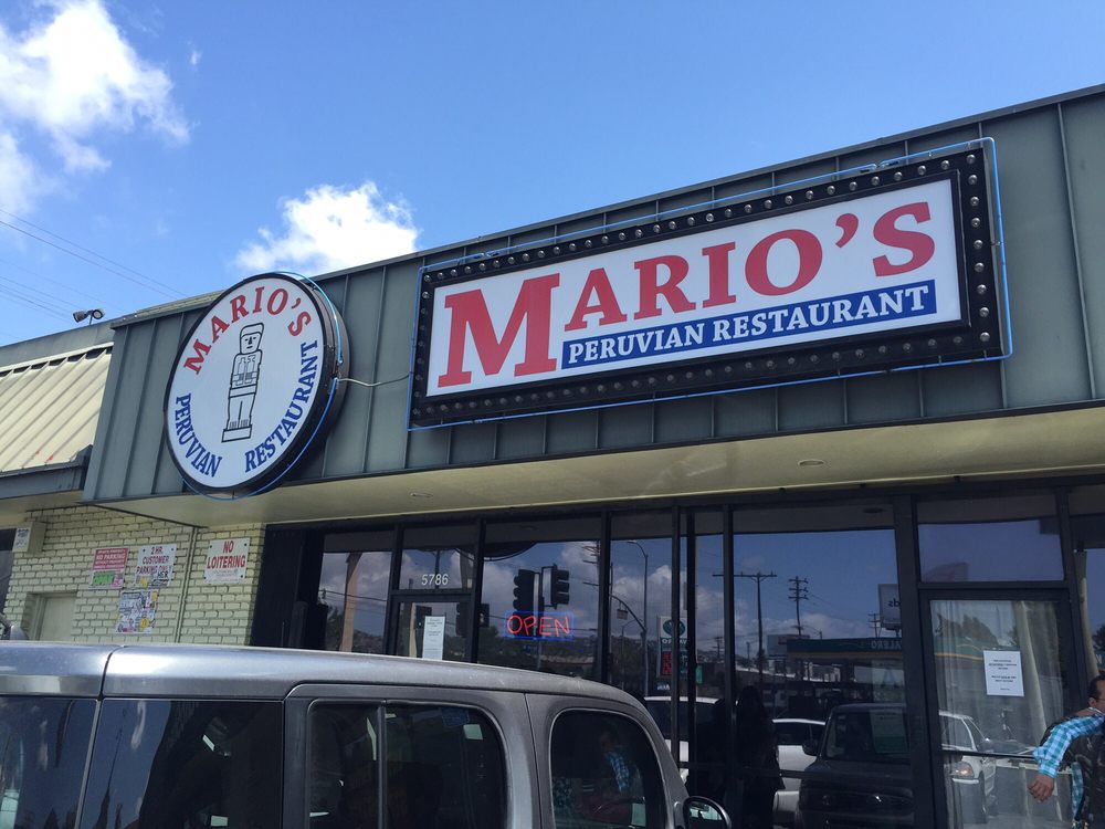 Mario's Peruvian Restaurant sign above the storefront on Melrose Avenue